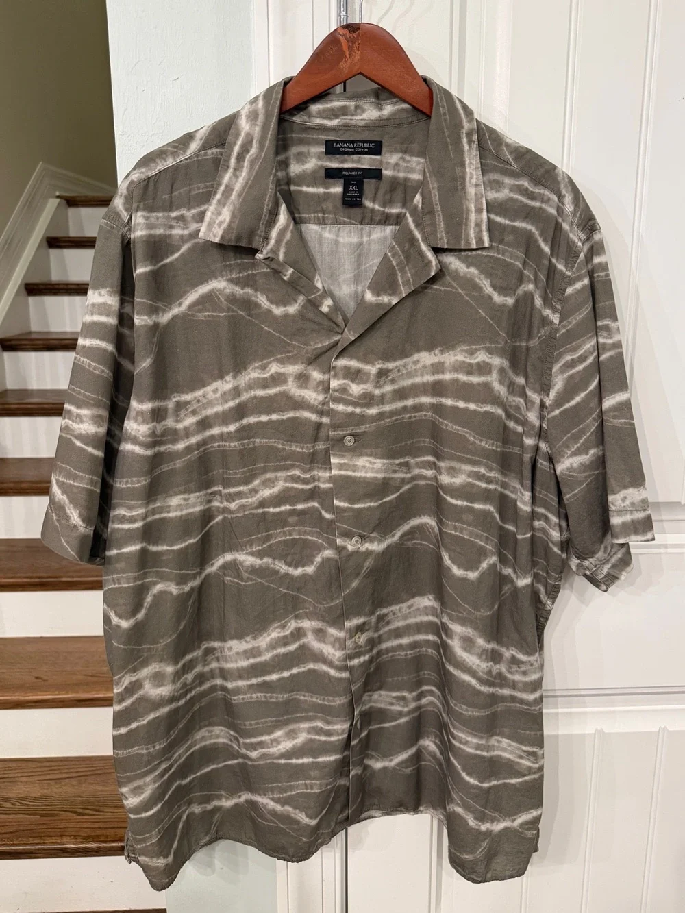 Banana Republic XXL Tall Organic Cotton Army GreenMarble Print Camp Collar Shirt